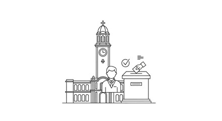 Fototapeta premium Voting Concept with Ballot Box Person and Clock Tower Background