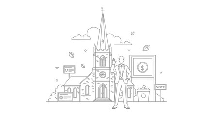 Naklejka premium Person standing with church and voting symbols