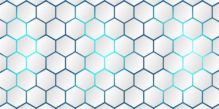 White 3d hexagonal technology vector abstract background. Blue bright energy flashes under hexagon in modern technology futuristic background vector illustration. White honeycomb texture grid.