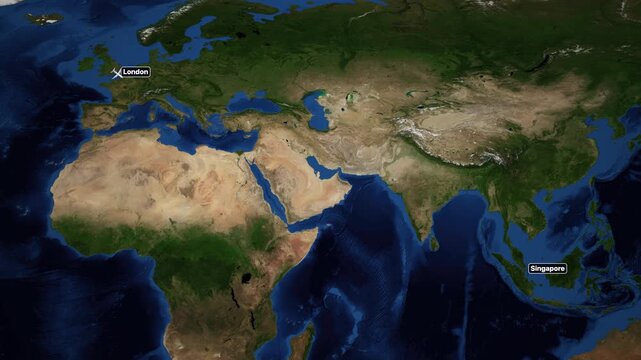 Animated Flight Route Map Showing Airplane Traveling from London to Singapore