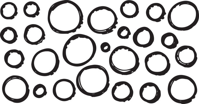 Set of black uneven circles drawn with thick outline by hand with paint brush with smeared, rough edges of different sizes. Vector illustration of sloppy rings