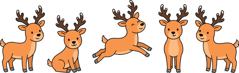 Cute cartoon reindeer character set in various poses including standing sitting and jumping on white background © Akramul