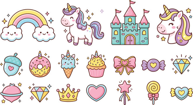 Large collection of cute pastel kawaii stickers featuring unicorns rainbows castles and various sweet magical treats