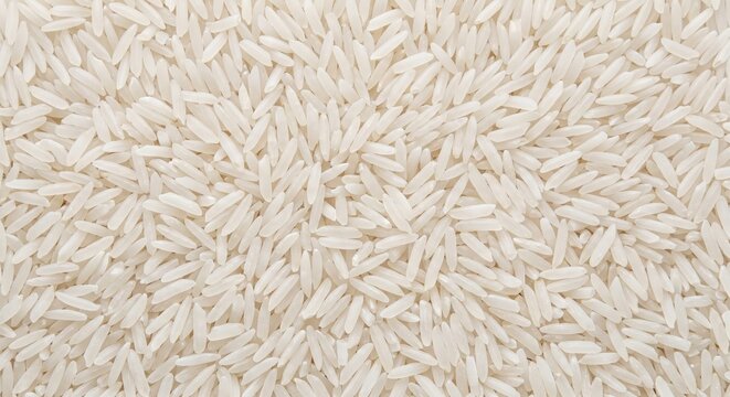 A detailed, high-angle view of a vast expanse of uncooked white basmati rice grains creating a uniform, textured, and clean background pattern
