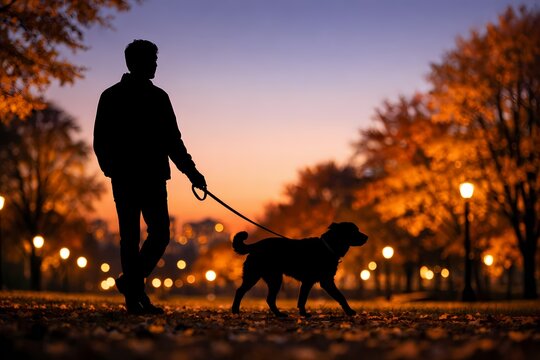 Heartwarming silhouette of a person walking their faithful dog on a leash through an autumn park at twilight. Ideal for pet care articles dog walking services and animal companions.