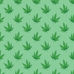 Fototapeta premium Seamless pattern with hand drawn cannabis leaf Medicine marijuana Hemp leaves For decorative print, wrapping paper, fabric, packaging, background