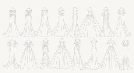 Fototapeta premium Collection of wedding dresses on hangers.