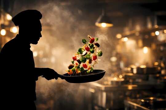 Energetic silhouette of a professional chef tossing colorful vegetables in a hot frying pan inside a busy kitchen. Great for culinary school advertisements and fine dining experiences.