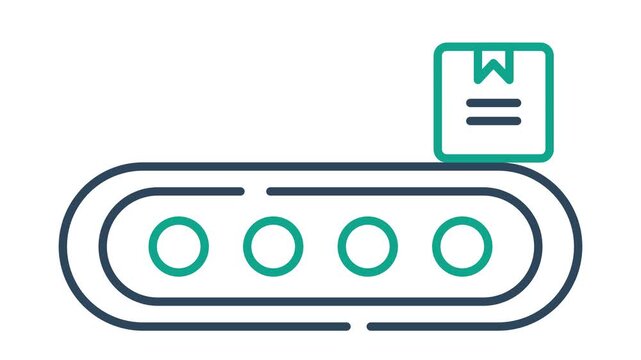 Animated conveyor belt. A blue and green outline machine has four rotating turquoise rollers. Two blue and green outline boxes move smoothly from left to right along the top. Alpha channel background