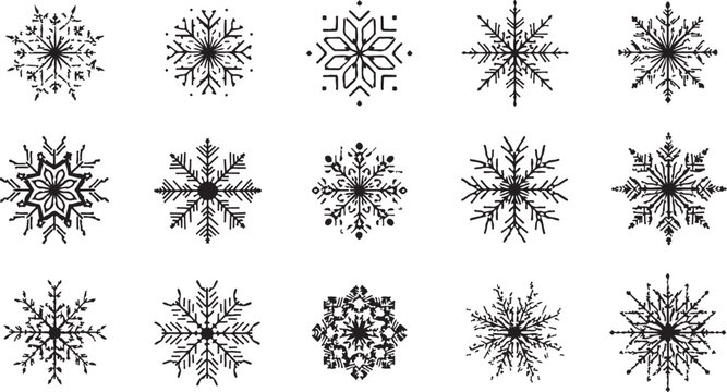 Collection of unique black snowflakes on white background illustration