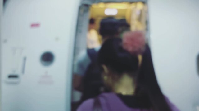 Passengers are entering the plane door, greeted by flight attendants to check the validity of their tickets. Blurred video.