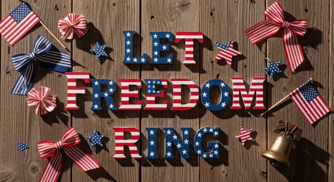Wooden sign with let freedom ring message decorated with american flags and ribbons