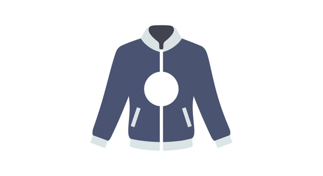 Modern navy blue bomber jacket with white accents and circle cutout, isolated on white background