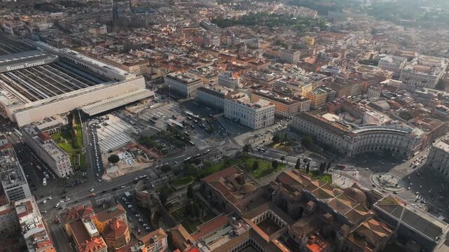 Roma Termini station aerial drone with Piazza della Repubblica and Chiostro di Michelangelo in Rome