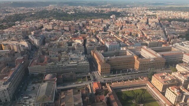 Historic city district near Chiostro di Michelangelo with dense buildings and streets in Rome urban landscape, aerial