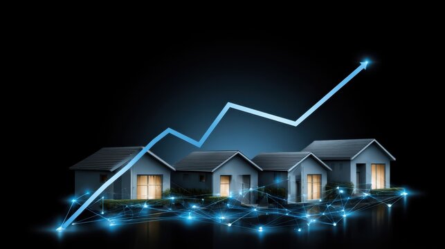 Four modern houses connected by a glowing network with an upward arrow representing real estate market growth and technological integration.