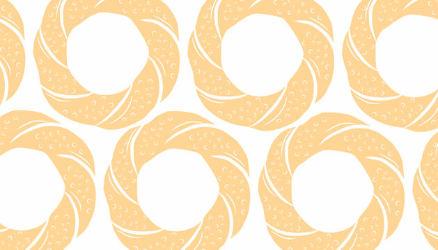 Simit Seamless Pattern. Turkish Sesame Bread Background. Hand Drawn Bakery Vector Style.