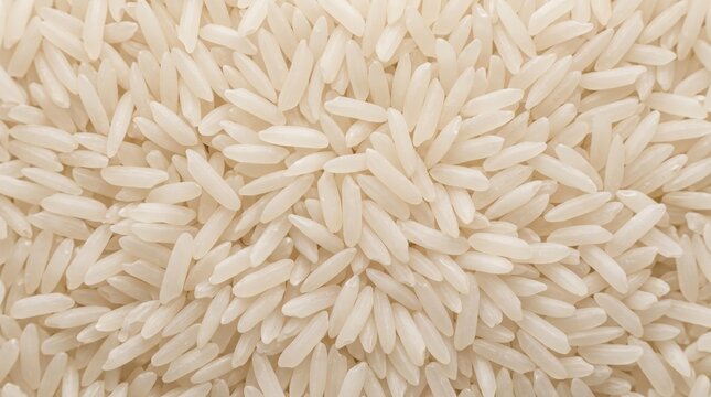 Macro of uncooked long-grain white rice kernels, densely packed with a subtle sheen, forming a detailed and clean food texture background
