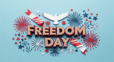 Obraz premium Freedom Day celebration with 3d text, eagle, and fireworks on teal background