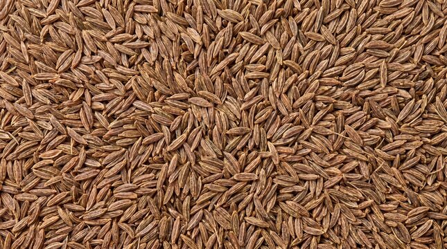 Macro of a dense pile of dried cumin seeds, showcasing their elongated oval shape and textured surface in a warm brown hue