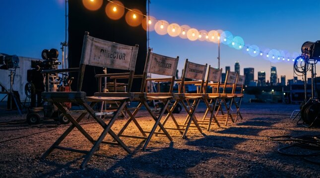 Empty movie director and producer chairs on an outdoor filming set with a city skyline background at twilight under string lights.