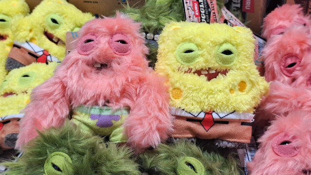Unique Fuggler x SpongeBob SquarePants collaboration plush dolls collection featuring SpongeBob and Patrick Star characters displayed on May 9, 2026 in Bangkok, Thailand