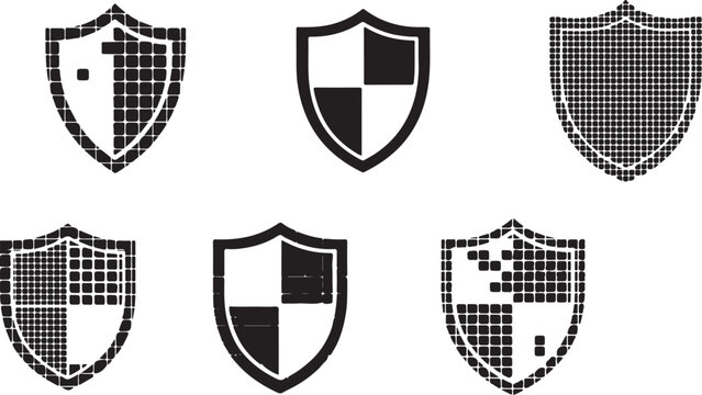 Collection of black and white shield icons and symbols