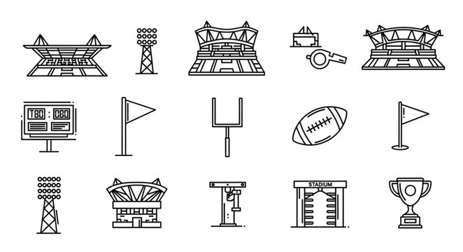 American Football Stadium and Equipment Icons Collection.