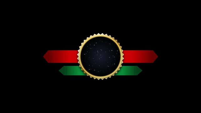 Golden emblem with red and green ribbons on black background. 4K Video