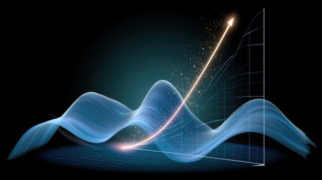 A dynamic 3D graph with blue waves and a glowing arrow showing exponential growth on a grid against a dark background.