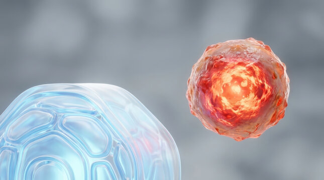 Healthy skin barrier vs acne inflammation concept showing clear protective layer and red inflamed cell representing skin irritation and damage in medical illustration