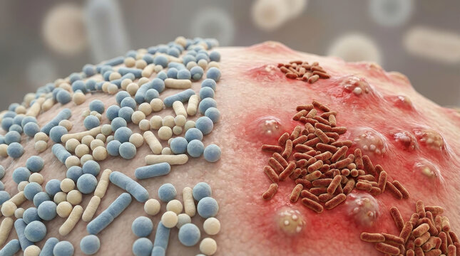 Healthy skin barrier vs acne inflammation concept showing skin surface with good and bad bacteria balance and red irritated skin with bacterial infection
