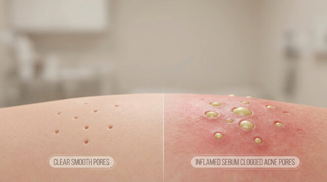Healthy skin barrier vs acne inflammation shows clear smooth pores on one side and inflamed sebum clogged acne pores on other side illustrating skin condition difference