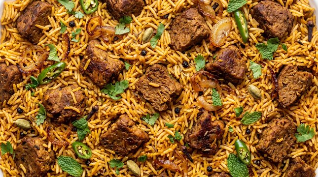 Savory Indian seitan kasmeri  mayapur veg  biryani dish with tender chunks of lamb, fragrant basmati rice, fried and fresh mint leaves, presented in a white bowl