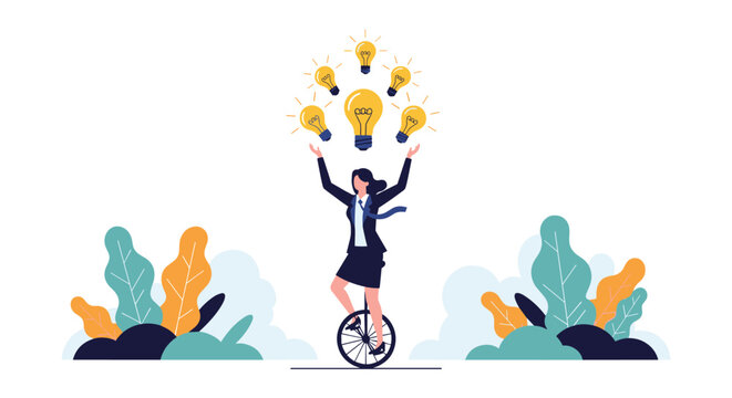 Skilled businesswoman balances on a unicycle while juggling multiple glowing light bulbs to illustrate multitasking and creative balance.