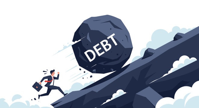 Panicked businessman sprints down a mountain to escape a massive rolling boulder representing the heavy burden of financial debt.