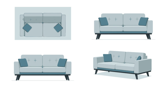 Collection of four different perspective views of a modern gray sofa accented with teal throw pillows on a white background.