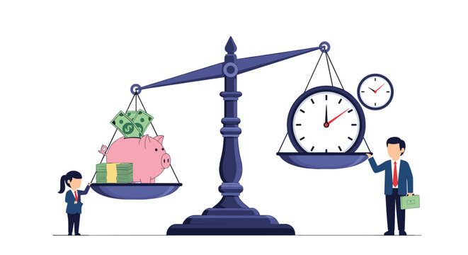 Large scale balances a pink piggy bank full of cash against a giant clock to represent the value of time and money.