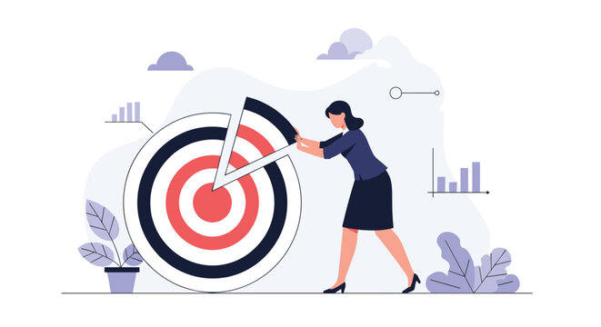 Business woman in a suit pushes a missing piece into a large archery target representing the final step to achieve a business goal.
