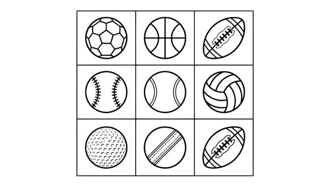 Soccer ball icons grid with hand-drawn style circles and patterns, including leather texture rings and simple black outlines on white background