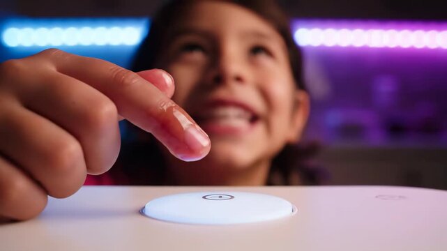 Young child with injured finger presses a button while looking curious with colorful lights in the background