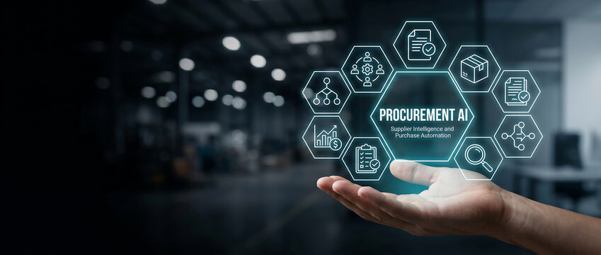 Hand holding digital procurement AI hexagon interface over office background
