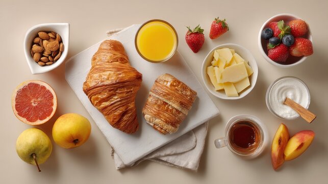 Gourmet continental breakfast flat lay with pastries and fruit