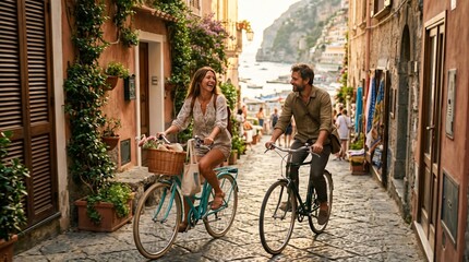 Fototapeta premium Couple rides bicycles down narrow European street