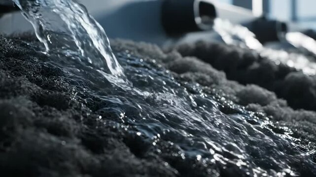 Water flowing over dark biofilter media in a wastewater treatment plant for purification