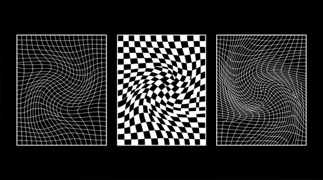 Checkerboard pattern grid tiles with retro optical swirl effects, seamless background design for graphic posters, web banners, and hypnotic motion