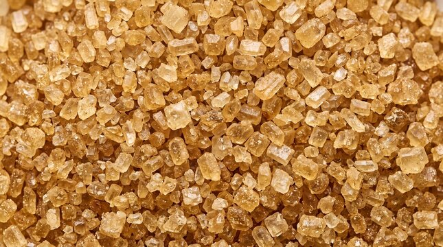 Detailed macro shot of light brown sugar crystals with a warm amber hue and sparkling facets, baking and culinary backgrounds