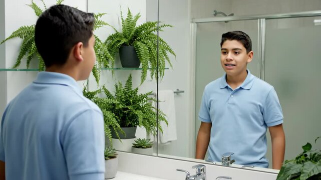 Young boy with braces checks ears in bathroom mirror while preparing for the day with plants