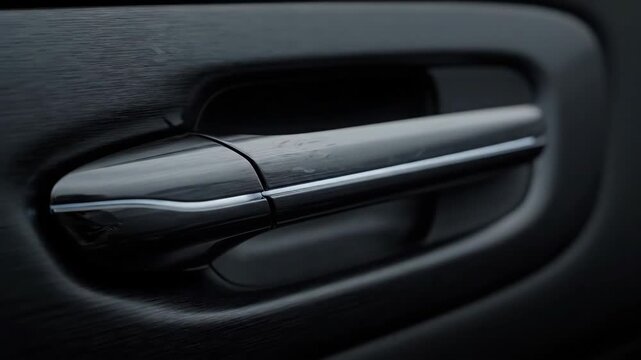 Close up on a car door handle interior and exterior with reflections during the day