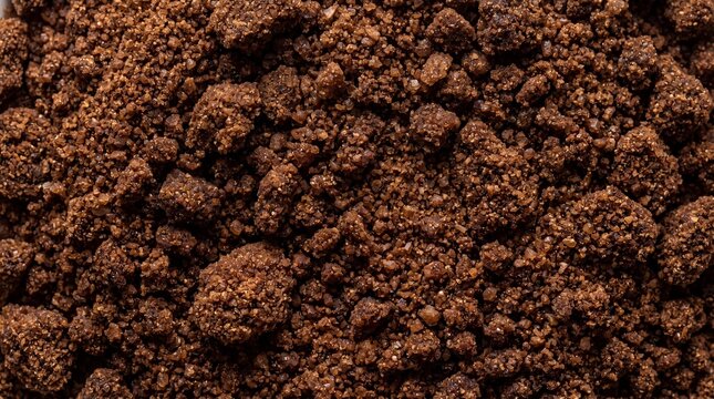 Intense macro view of coarse dark brown sugar or crumbled cookie texture with visible sugar crystals and irregular clumps creating a rustic, appealing background